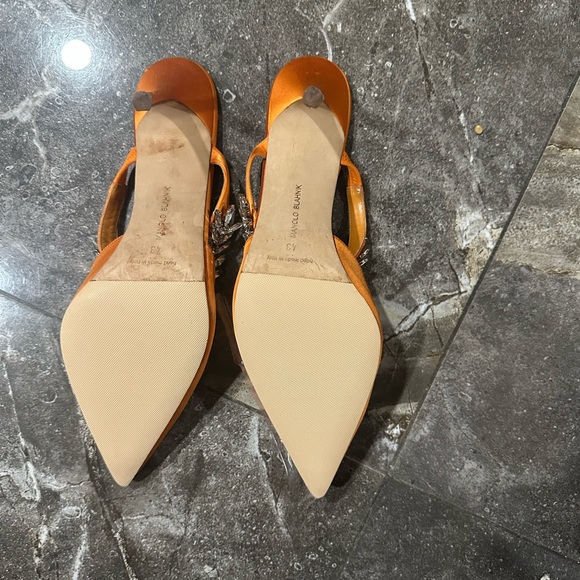 Manolo Blahnik Orange Satin Heels with Silver Embellishments